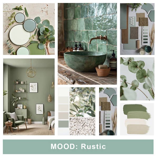 Mood board showing rustic, sage and natural inspiration.