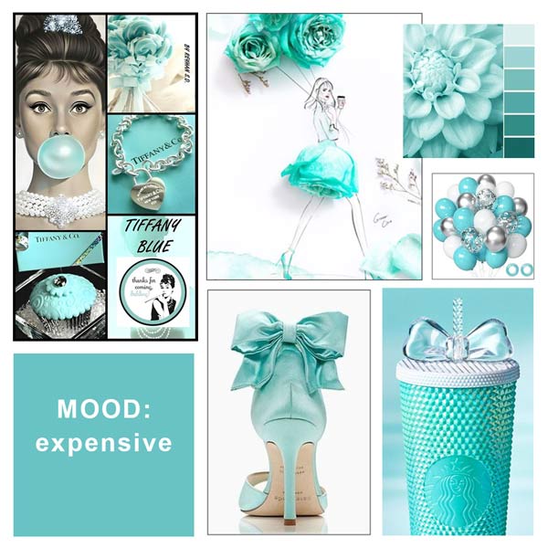 Mood board showing inspiration in a tiffany-silver colour palette.