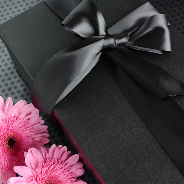 Black linen-textured box, with 50mm double-sided satin ribbon
