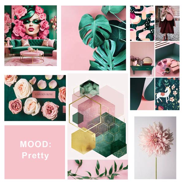 Mood board showing tones of pink, green and gold