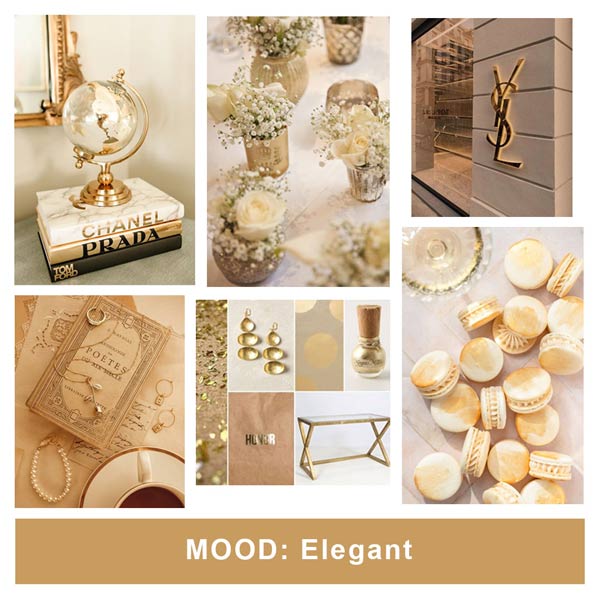 Mood board showing creme and gold inspiration.