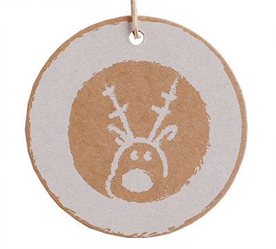 CARDBOARD CIRCLE RUDOLF GIFT TAG-White on Natural Kraft