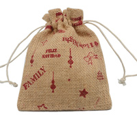 JUTE DRAWSTRING BAG SMALL PACK-Red Xmas Print