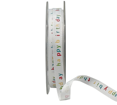 10mm GROSGRAIN HAPPY BIRTHDAY-White