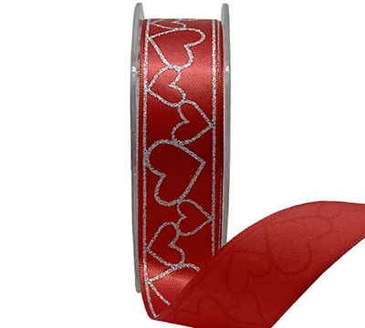 25mm SATIN GLITTER HEARTS-Red-Silver
