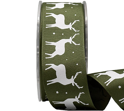 38mm GROSGRAIN NORDIC REINDEER-Moss-White