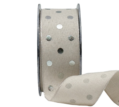 38mm WIRE-EDGED METALLIC POLKA DOT-Natural-Silver