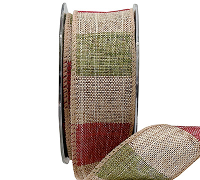 38mm WIRE-EDGED STRIPED LINEN-Natural-Red-Green