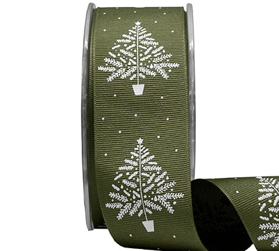 38mm GROSGRAIN YULETIDE TREE-Moss-White