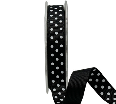 16mm GROSGRAIN DOMINO DOTS PRINT-White on Black