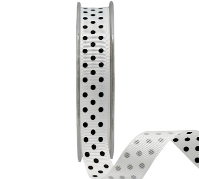 16mm GROSGRAIN DOMINO DOTS PRINT-Black on White