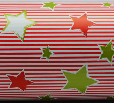 10mt x 50cm PINSTRIPE STAR WRAP-Scarlet/Chartreuse on White